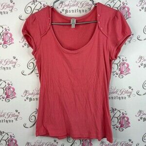 Tristan tshirt buttons puff sleeve shoulders pink Coral Short Sleeve Top